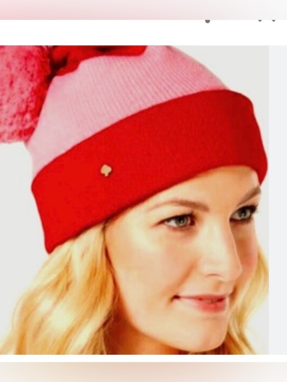 KATE SPADE Color Block Pom-Pom Beanie Pink\Red w Gold Metal Spade ♠️ Charm NWT